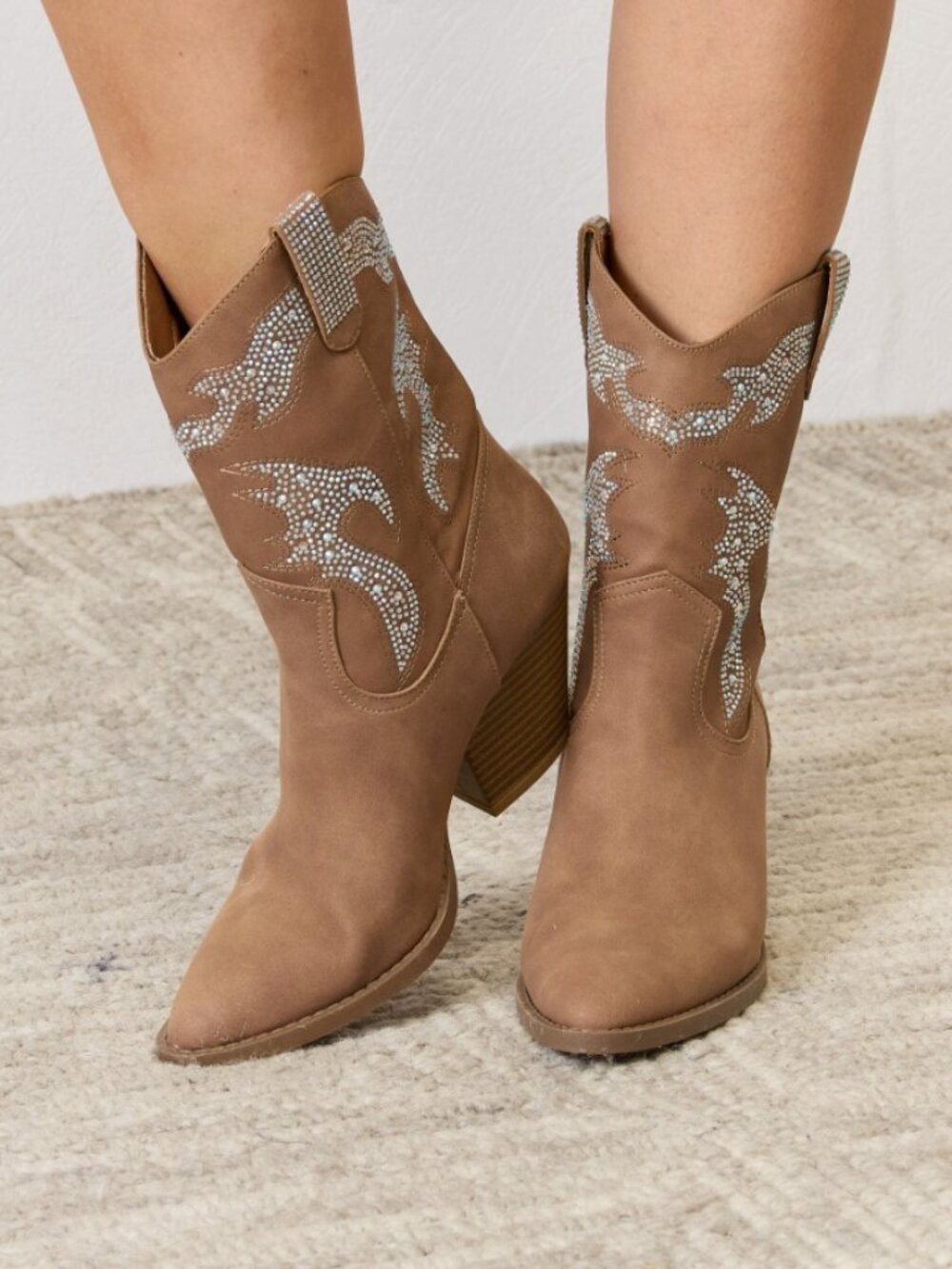 Tan Rhinestone Cowboy Ankle Boots | Western 3” Low Heel